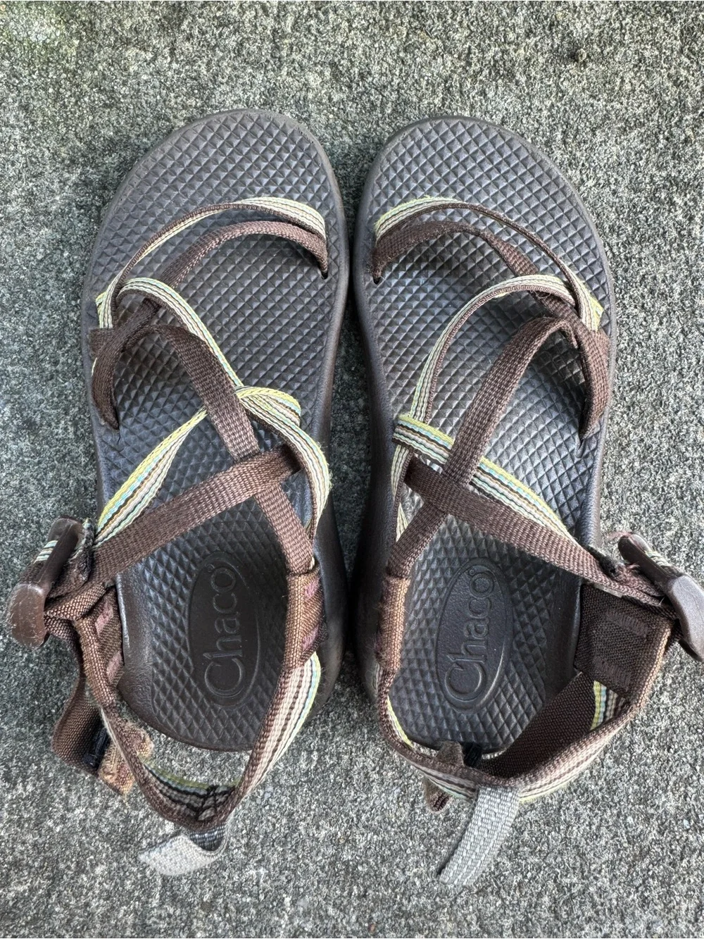 Chaco Kids Brown Sandals with Yellow and Green Stripe Size 1 No Toe Strap